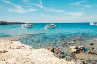 Tour boats mooring in the Blue Lagoon, Akamas Peninsula