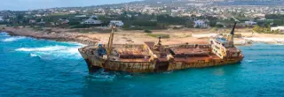 The wreck and coastline from above