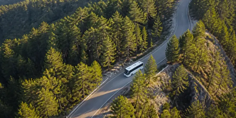 Tour coach winding through the Troodos pine forest, seen from above
