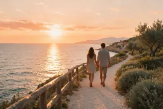 Couple walking a coastal path at sunset