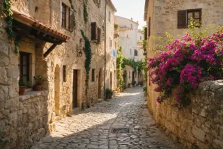 Old-town lane with bougainvillea