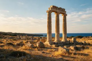 Ancient limestone columns at golden hour