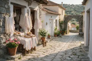 Quiet mountain village street with lace shop