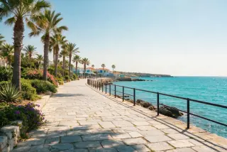 Palm-lined seafront promenade in Cyprus