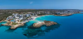 Aerial view of Nissi Beach and the turquoise coastline of Agia Napa, Cyprus