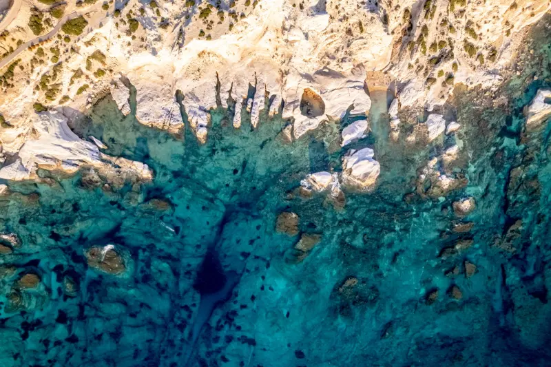 Aerial view of the sea caves coastline near Paphos, Cyprus